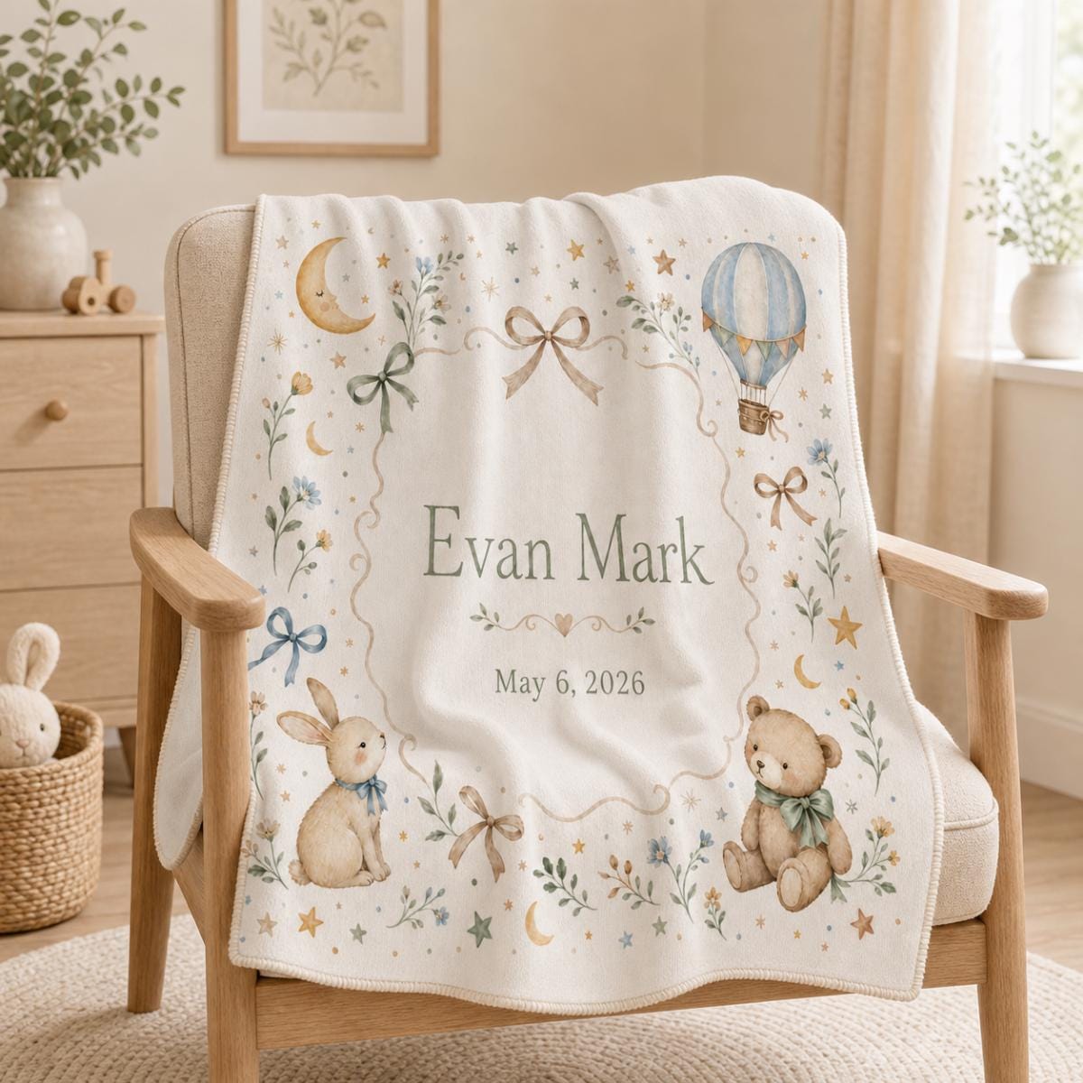 Nursery Moon & Hot Air Balloon Woven Blanket | Personalized Baby Name