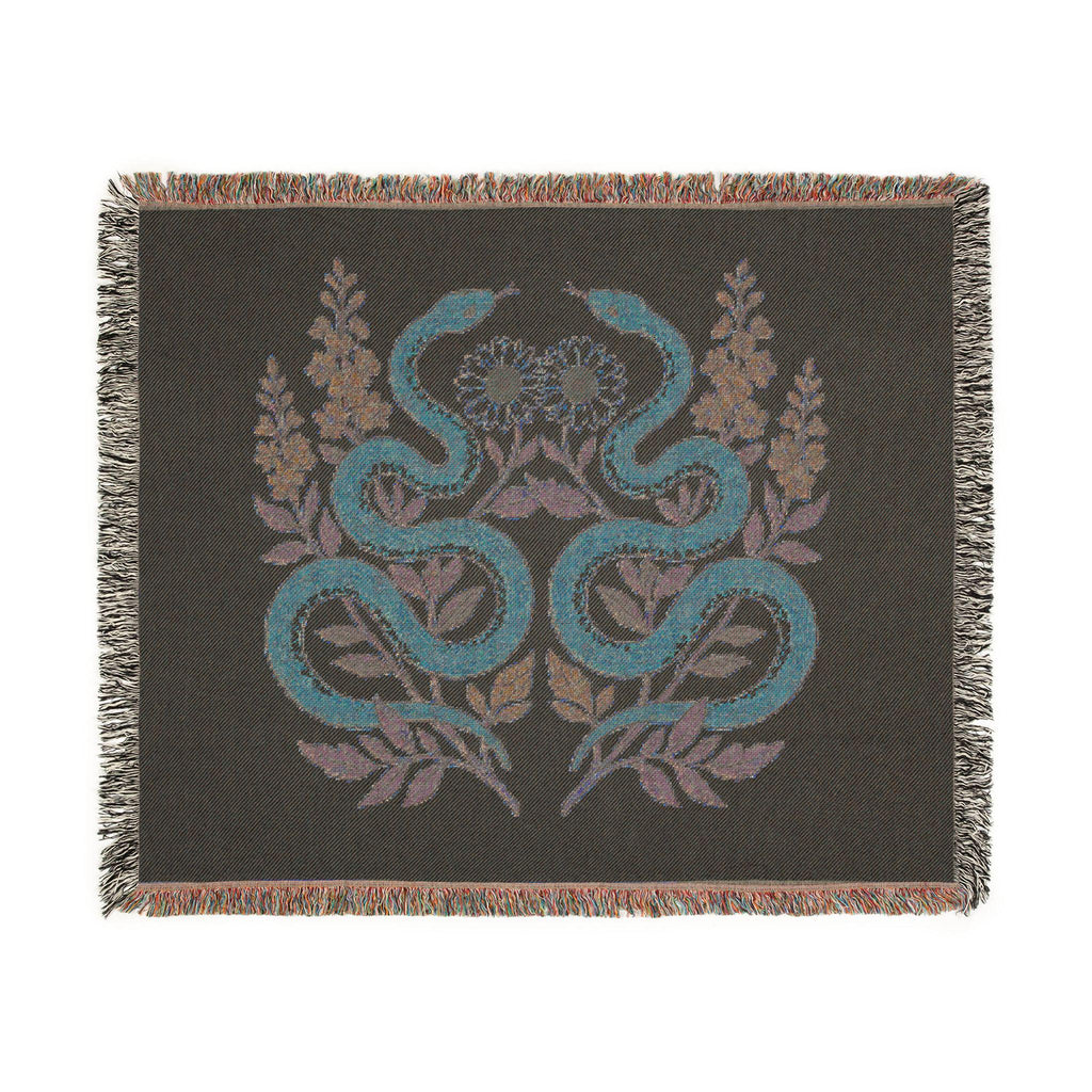 Twin Snakes Floral Woven Blanket | Boho Serpent Tapestry Throw