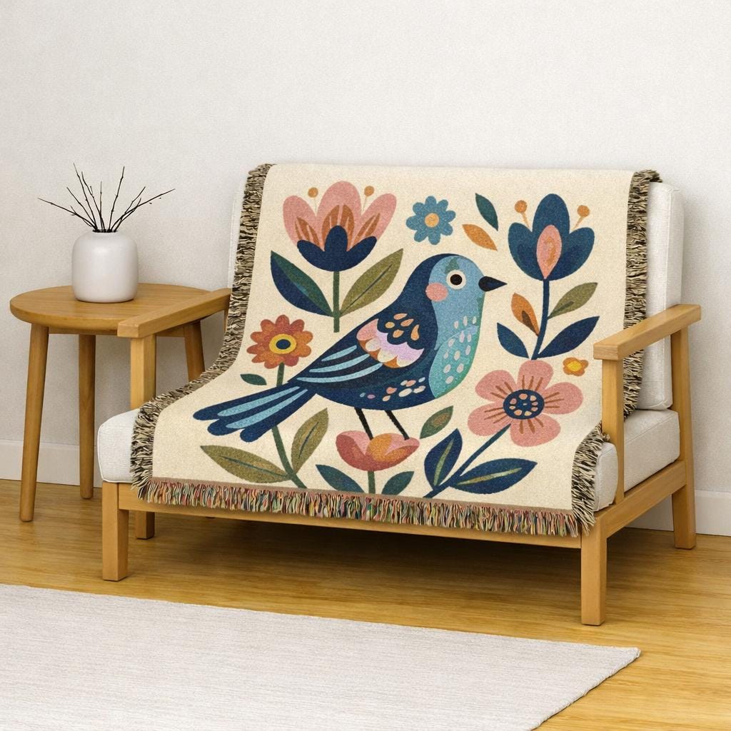 Folk Bird Floral Woven Blanket | Tapestry Throw with Cottagecore Flowers