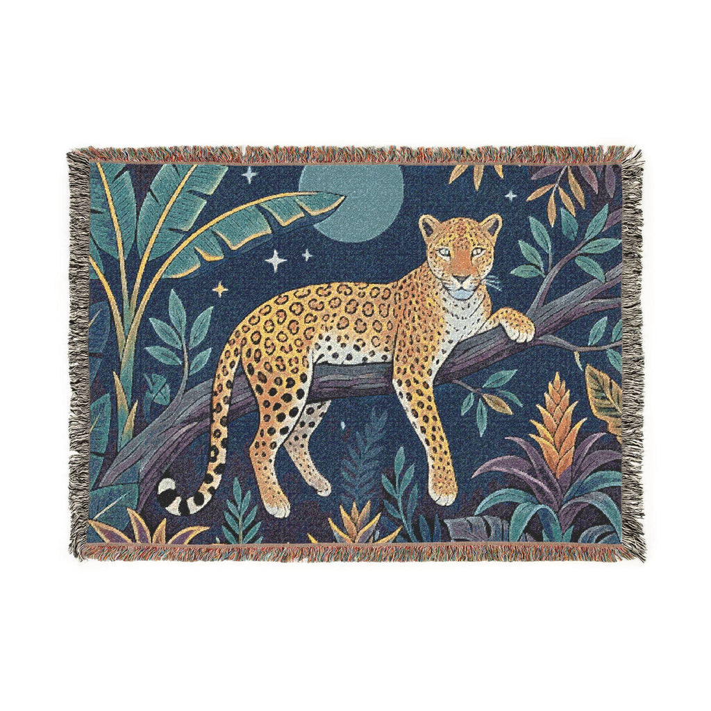 Leopard in Jungle Woven Blanket | Tapestry Throw, Nighttime Botanical Design