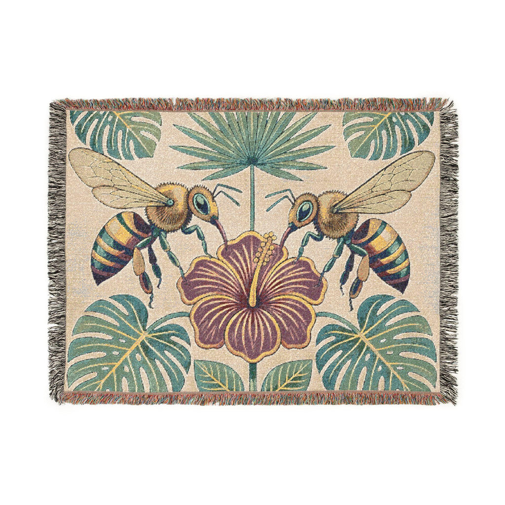 Hibiscus and Bees Woven Blanket | Tropical Floral Throw