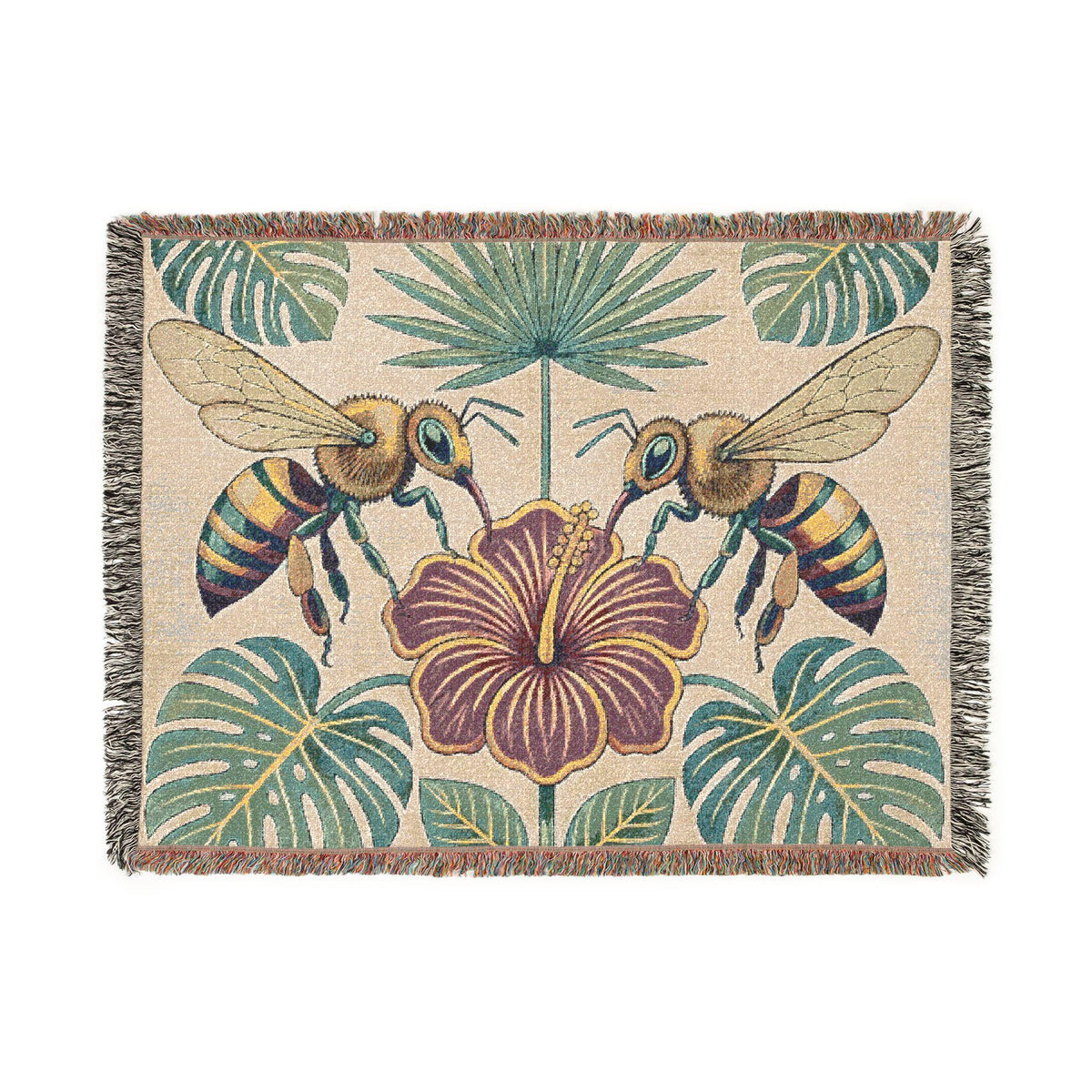 Hibiscus and Bees Woven Blanket | Tropical Floral Throw
