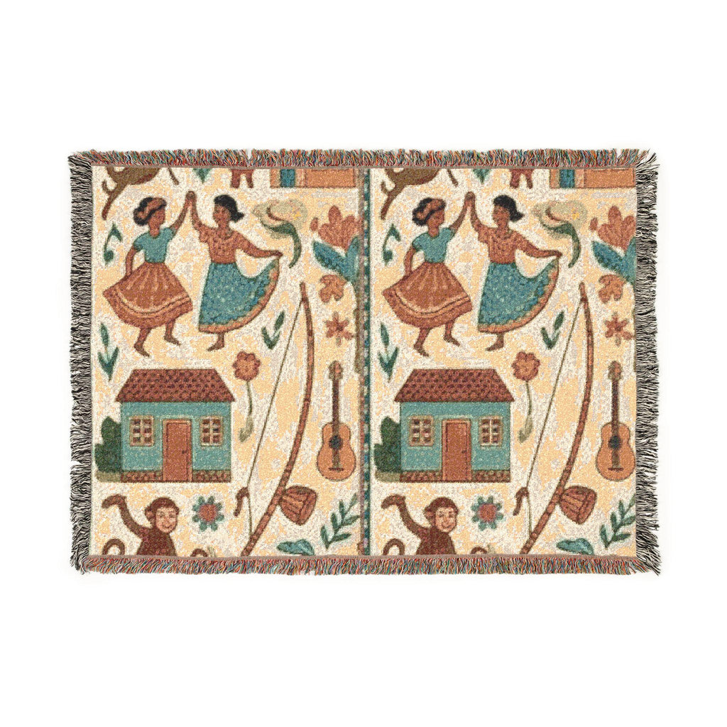 Folk Dance Pattern Woven Blanket | Southwestern House and Guitar Throw
