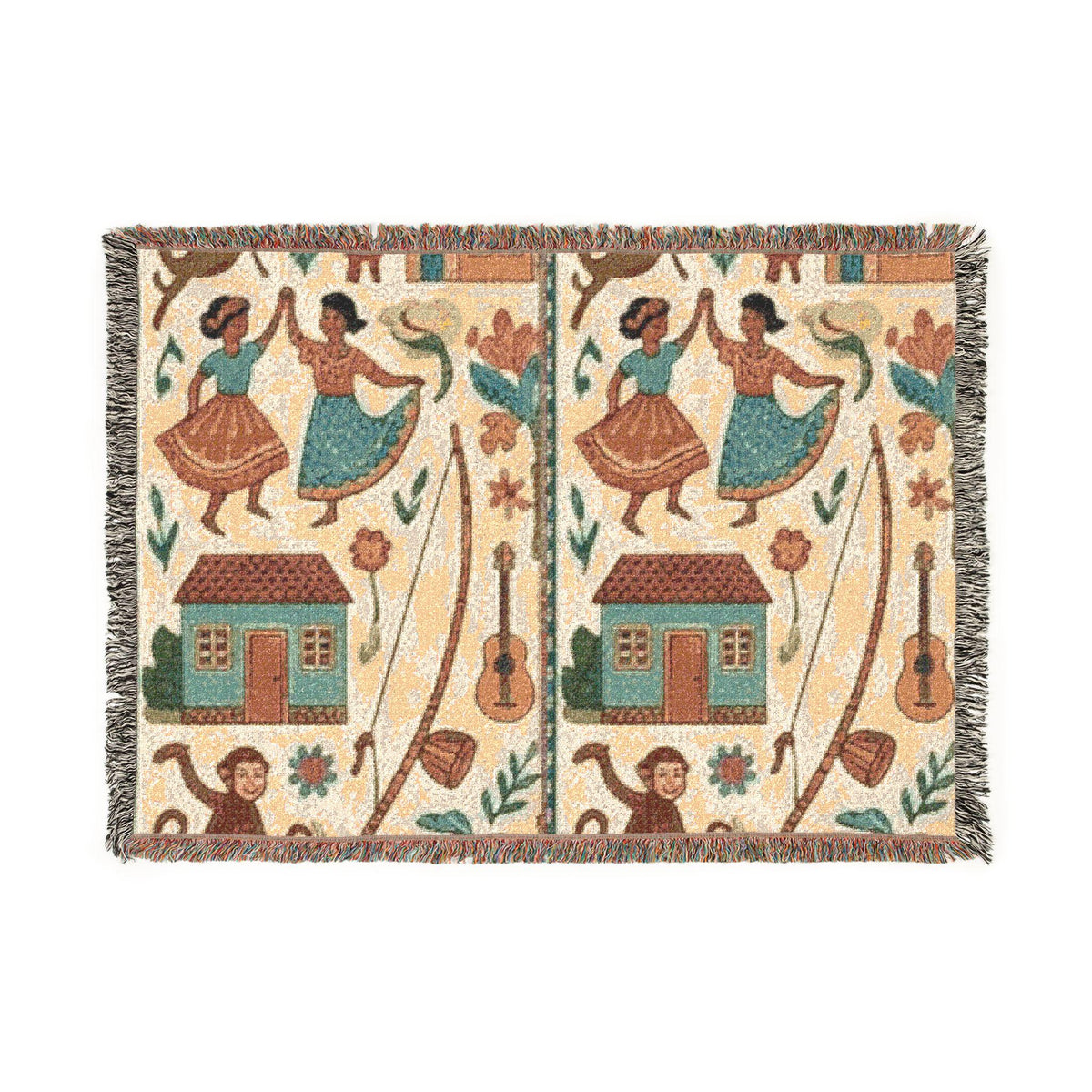 Folk Dance Pattern Woven Blanket | Southwestern House and Guitar Throw