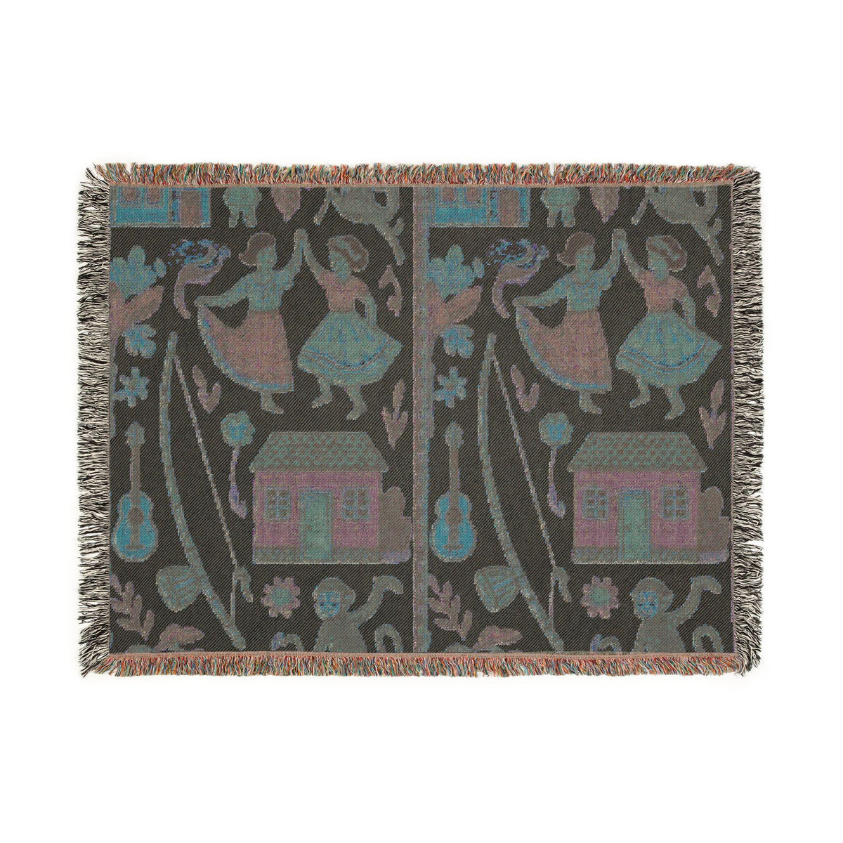 Folk Dance Pattern Woven Blanket | Southwestern House and Guitar Throw