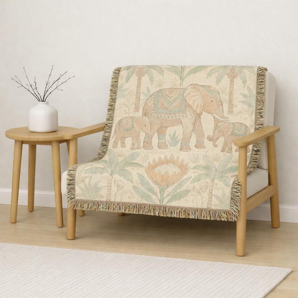 Boho Elephant Family Woven Blanket | Tropical Palm Tapestry Throw
