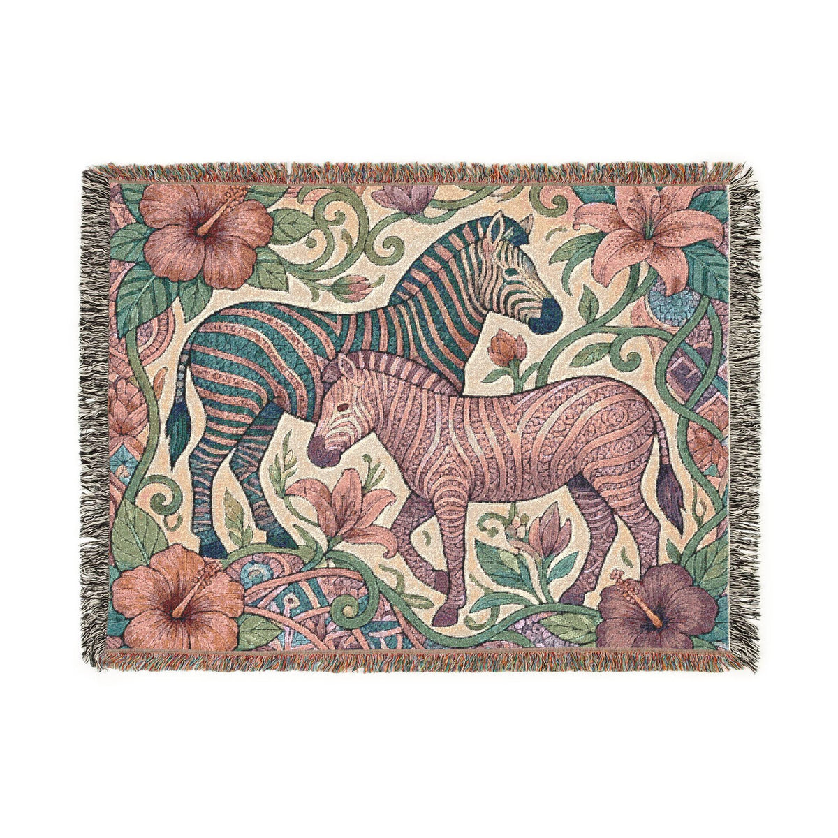 Zebra Floral Tapestry Woven Blanket | Horse Striped Animal Throw