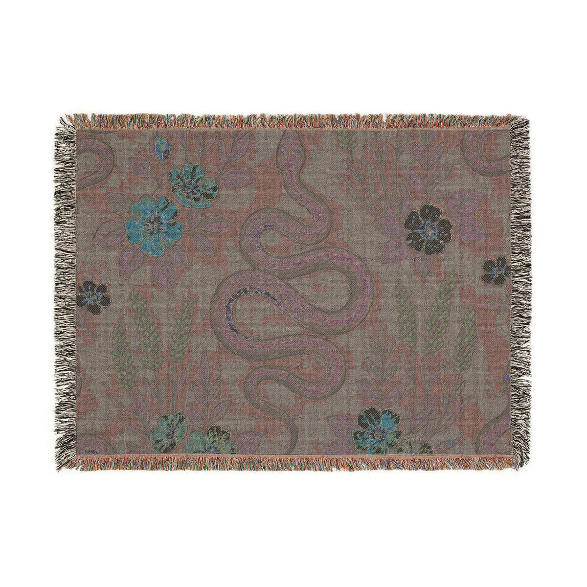 Floral Snake Illustration Blanket | Botanical Serpent Woven Throw