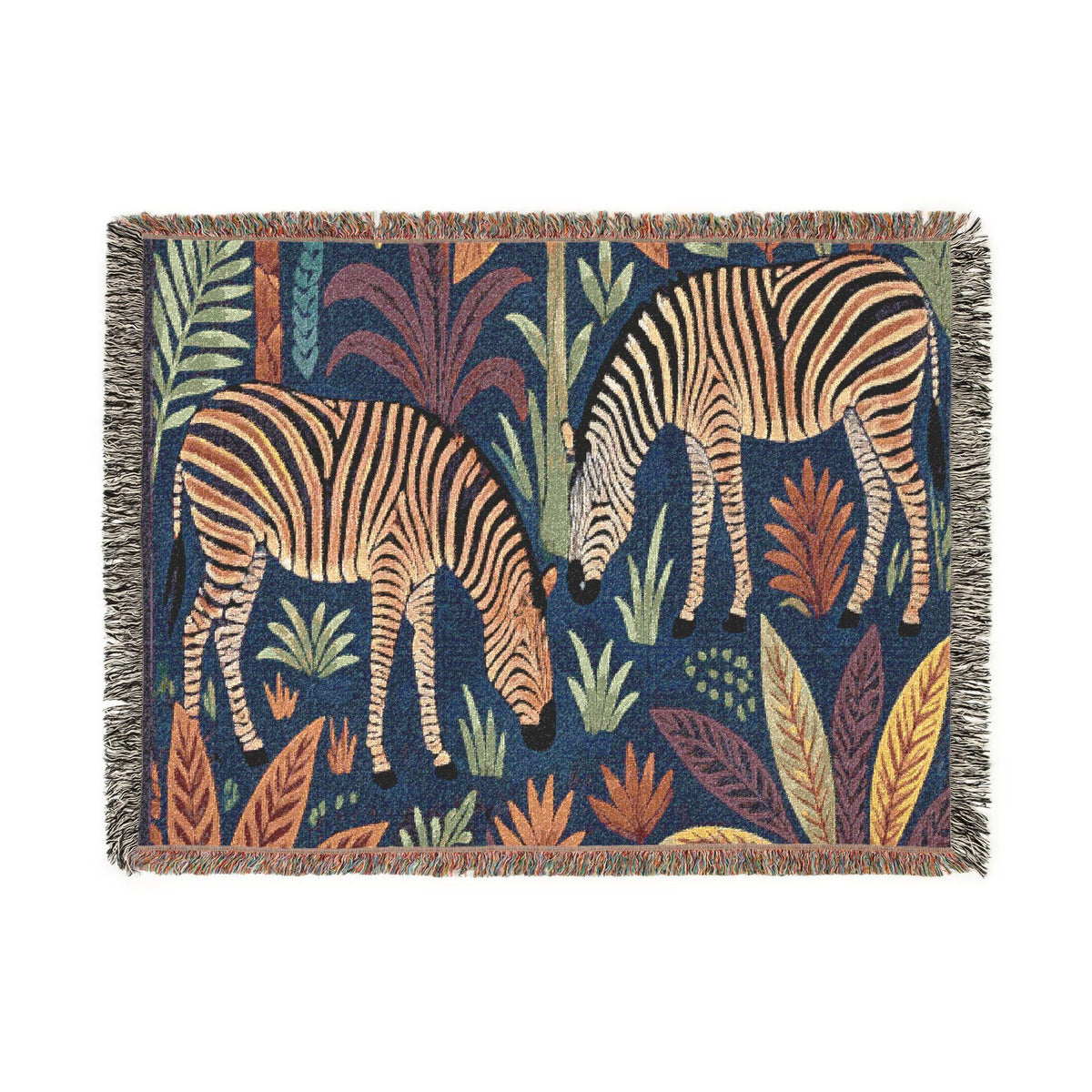 Striped Zebra Jungle Woven Blanket | Animal Print Throw, Botanical Motif