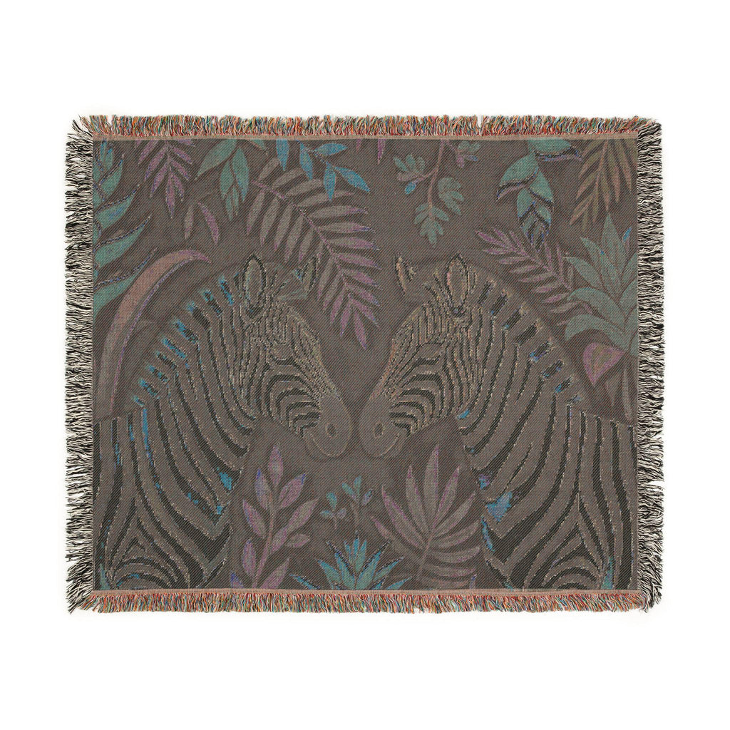 Zebra Floral Illustration Woven Blanket | Tropical Safari Tapestry Throw
