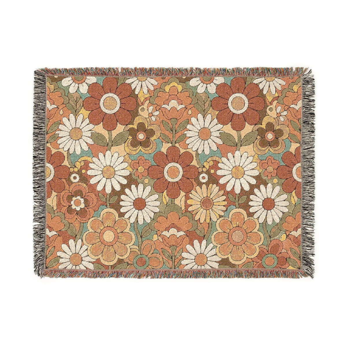 Retro Floral Woven Blanket | Vintage Flower Pattern Throw