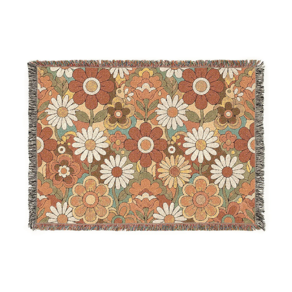 Retro Floral Woven Blanket | Vintage Flower Pattern Throw