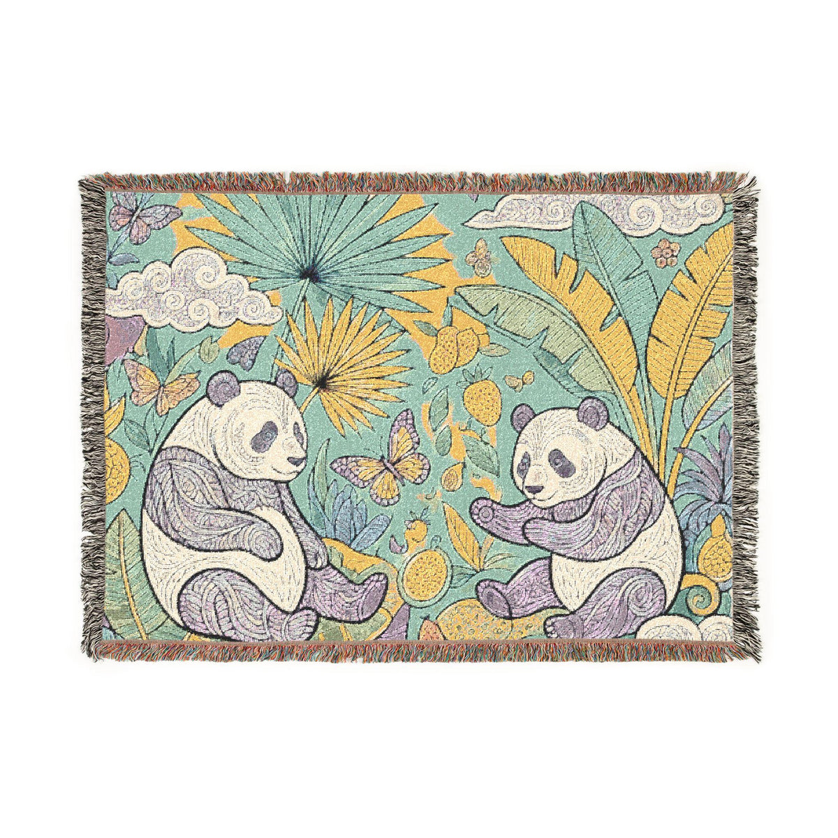 Panda Floral Tapestry Woven Blanket | Jungle Leaves, Sunflower Motif