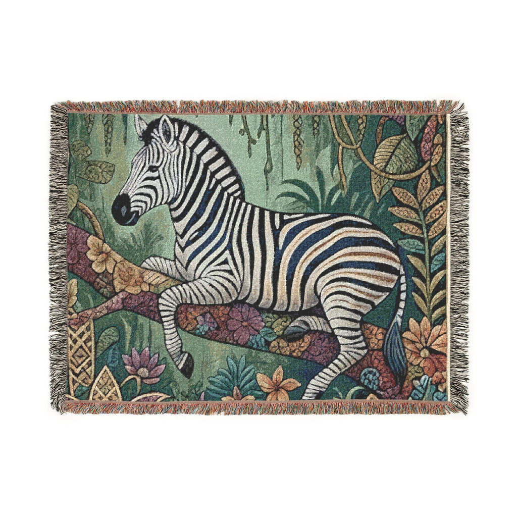 Zebra Tapestry Woven Blanket | Jungle Flora Pattern, Fringe Throw