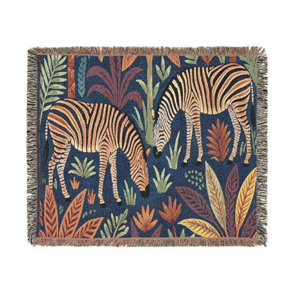 Striped Zebra Jungle Woven Blanket | Animal Print Throw, Botanical Motif